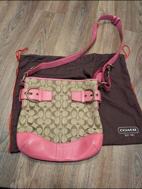 Coach Signature Canvas Shoulder Bag with Pink Leather Trim